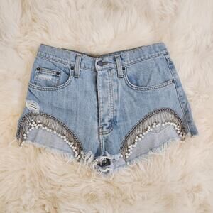 NEW LF Carmar Titania Aventurine Pearl Fringe Denim Shorts